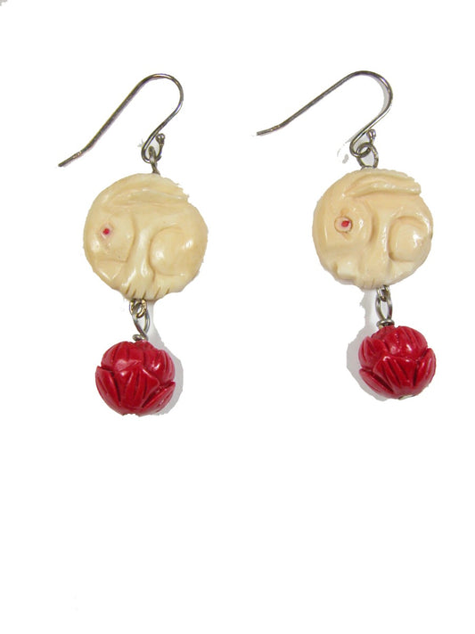 Hand Carved Bunny Coral Sterling Silver Fishhook Dangle Earrings