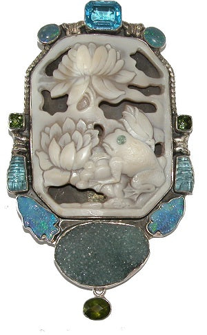 Carved Cameo ONE OF A KIND Frog Sterling Silver Pin Pendant