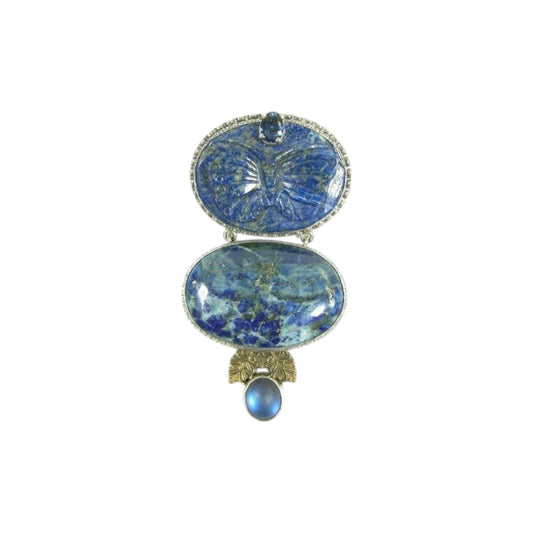 10396 Blue Lapis Carved Butterfly Sterling Silver Pin and Pendant