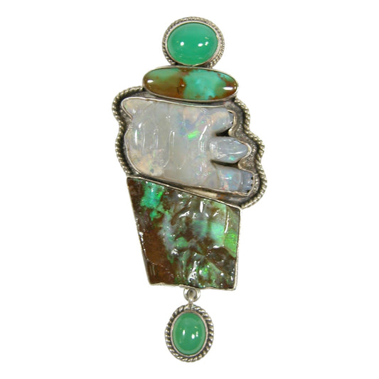 Boulder Opal, Chrysoprase, Turquoise Sterling Silver Pin Pendant