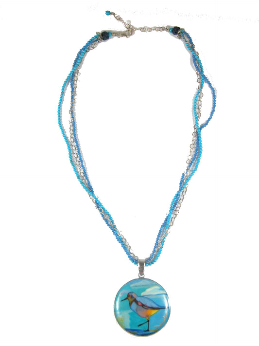 Hand Painted Bird on Black Onyx in a Turquoise Necklace