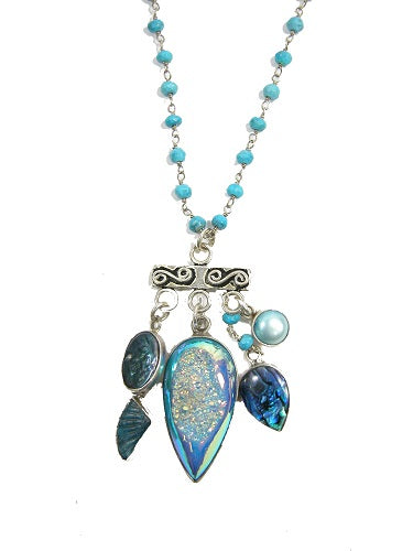 Druzy Turquoise Freshwater Pearl Sterling Silver Necklace
