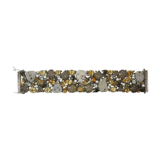Diamond, Brazilian Agate Drusy, Smoky Quartz, Mother of Pearl, Crystal Cluster Sterling Silver Bracelet