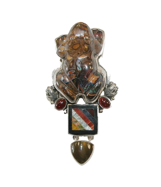10691A Hand-Carved Boulder Opal Frog Sterling Silver Pin / Pendant