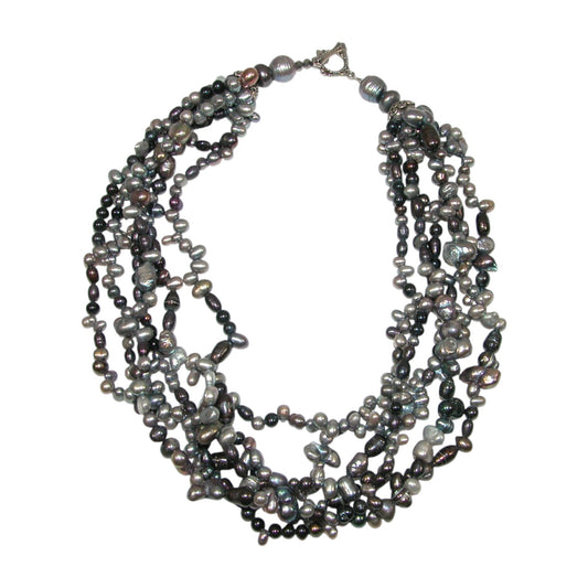 Five Strand Purple Freshwater Pearl Sterling Silver Beaded Necklace