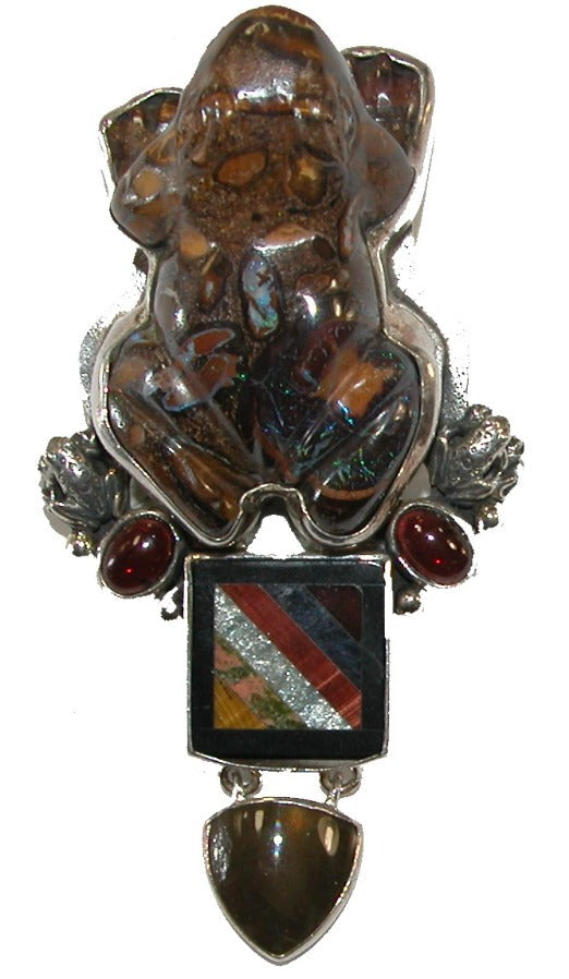 10691A Boulder Opal Carved Frog with Mosaic Gemstone Sterling Silver Pin and Pendant