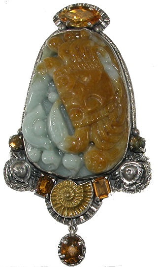 Carved Jade Crab Citrine Sterling Silver Pin and Pendant