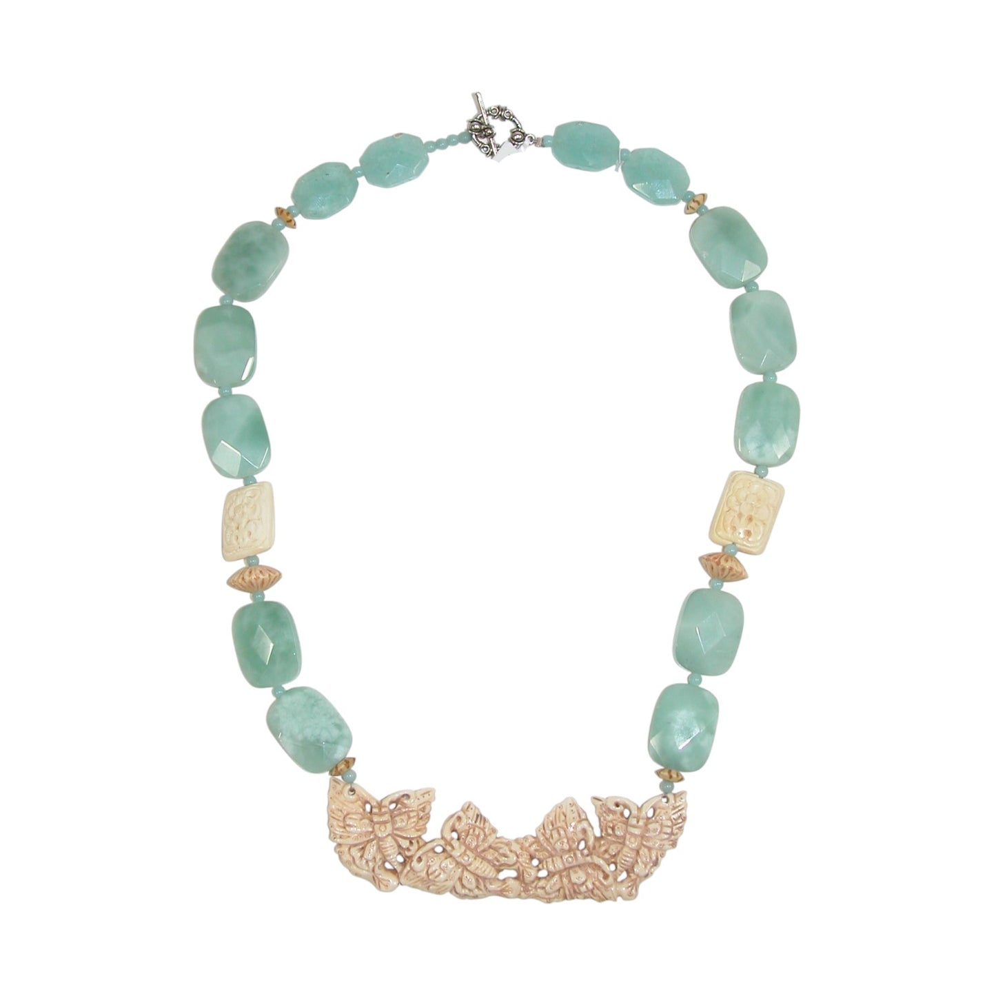 11014 Hand Carved Bone Butterflies, Amazonite Beaded Sterling Silver Necklace