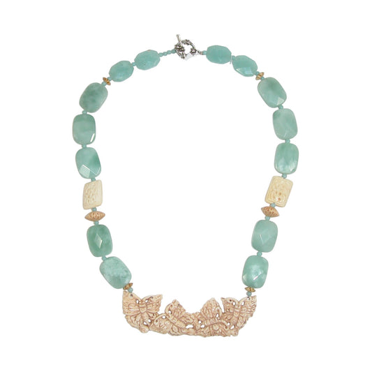 Hand Carved Bone Butterflies, Amazonite Beaded Sterling Silver Necklace