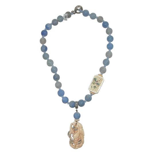 Blue Agate, Hand Carved Bone Dragonfly Beaded Sterling Silver Necklace
