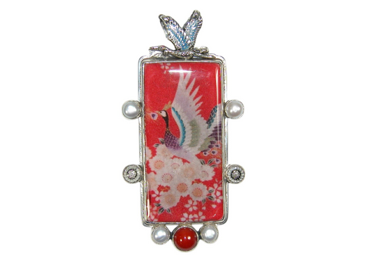 33298 Crane Tile, Coral, Pearl, Sterling Silver Pin and Pendant