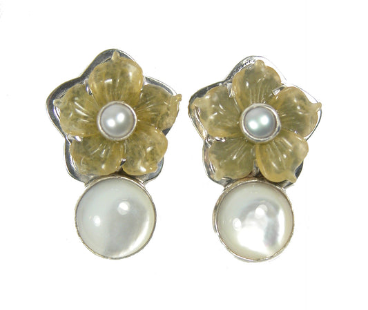 Yellow Onyx Freshwater Pearl Sterling Silver Earring
