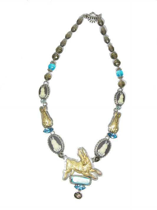 Bunny Mother of Pearl Blue Topaz Cognac Topaz Sterling Silver Necklace