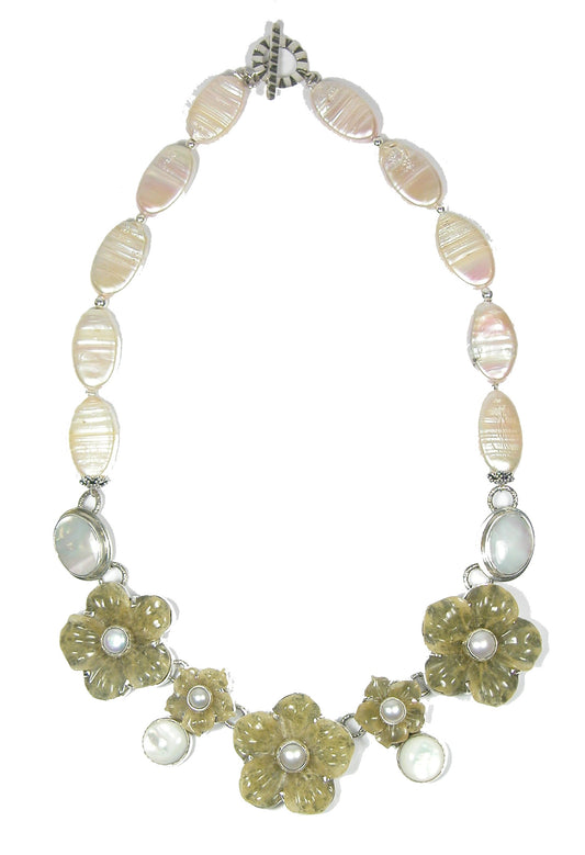 Yellow Onyx Freshwater Pearl Mother of Pearl Sterling Silver Necklace