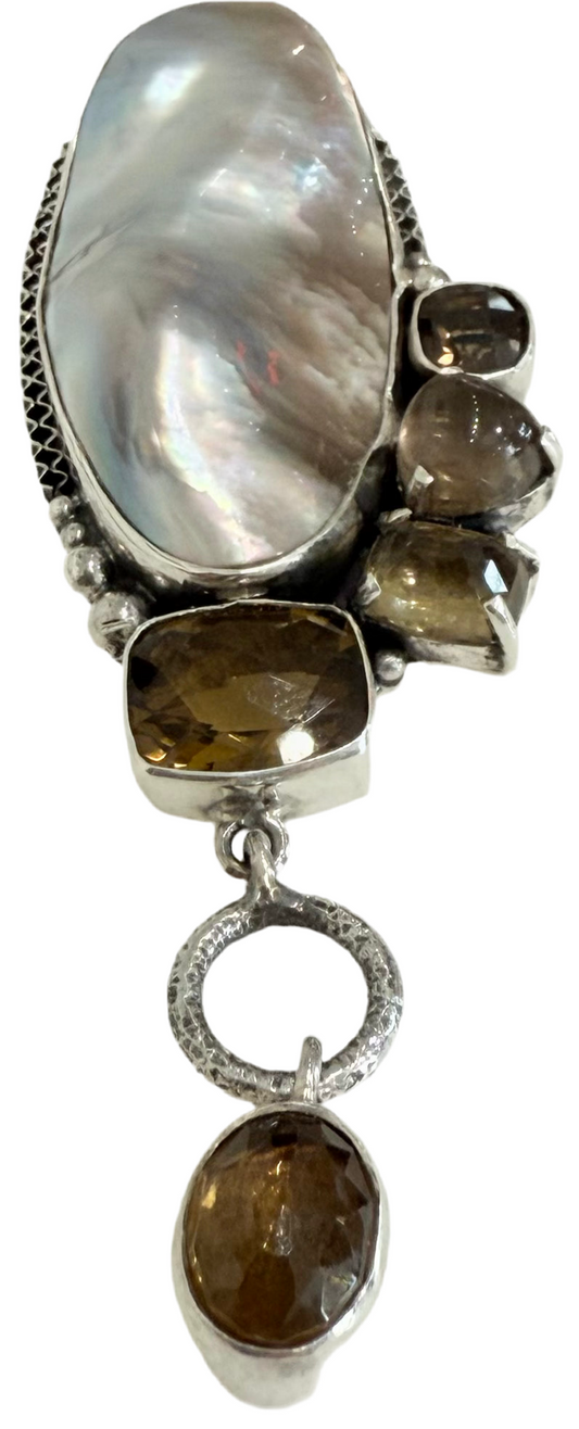 33529A Mabe Pearl,Smoky and Cognac Topaz, Sterling Silver, Pin and Pendant