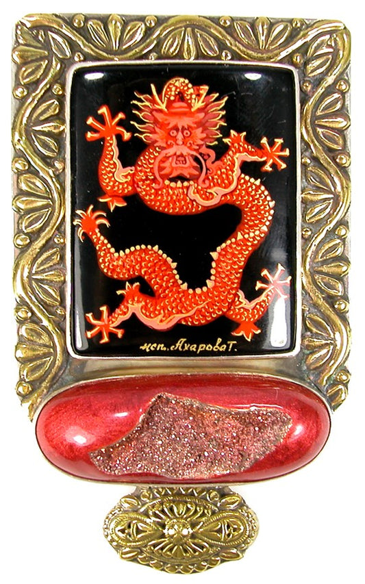 Hand Painted Dragon on Black Onyx Drusy Brass Sterling Silver Pin/ Pendant