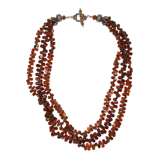 Amber, Crystal Beaded Three Strand Sterling Silver Necklace