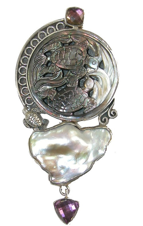 Mother of Pearl Hand Carved Sea Turtles, Fresh Water Pearl, Smoky Quartz Pin and Pendant