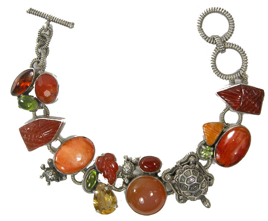17454 Carnelian Peridot Turtle Sterling Silver Bracelet
