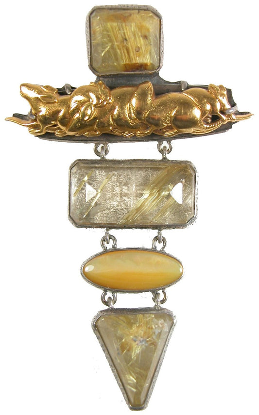 17465 Japanese Kanemono Rutilated Quartz Mother of Pearl Sterling Silver Pin Pendant