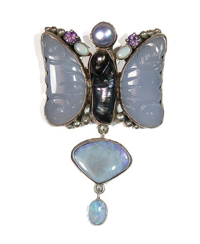 Carved Chalcedony Boulder Opal Amethyst Freshwater Pearl Sterling Silver