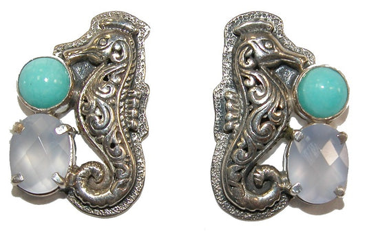 17485 Carved Seahorse Turquoise Chalcedony Earrings