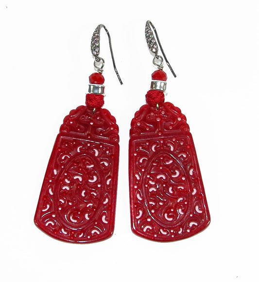 17607 Carved Red Agate, Pave Crystal Sterling Silver Earrings