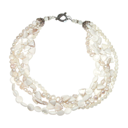 Four Strand White Freshwater Pearl Sterling Silver Beaded Necklace