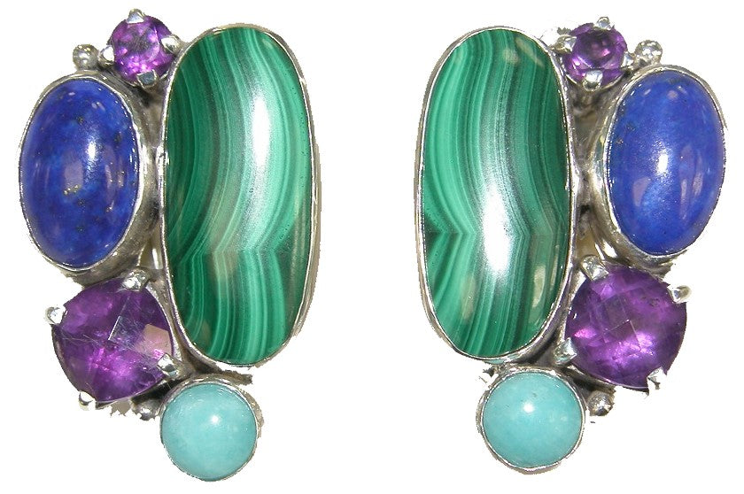 Malachite Lapis Amethyst Amazonite Cluster Earrings