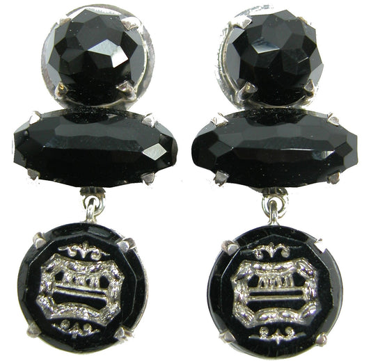 Black Onyx, and Antique Button Earrings