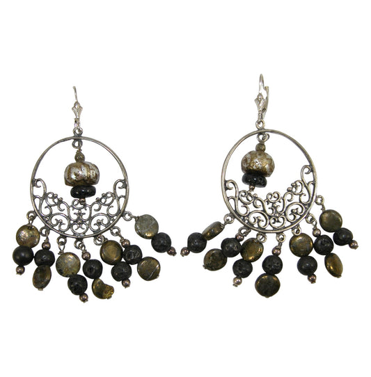 18089L Lava Stone, Pyrite, Glass Sterling Silver Earrings