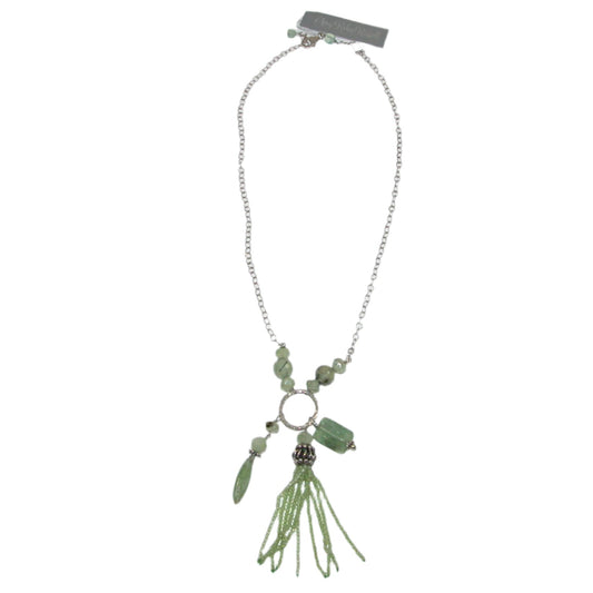 18102 Prehnite, Jade Beaded Tassel Sterling Silver Beaded Necklace
