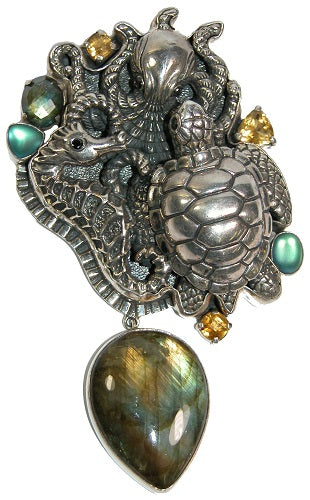 Labradorite Topaz Sea-Life Sterling Silver Pin Pendant