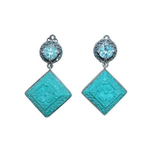 18291 Carved Turquoise, Blue Topaz Sterling Silver Earrings