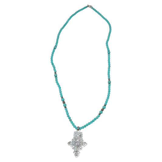 Turquoise Beaded Cross Sterling Silver Necklace