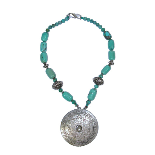 18226 Antique Pendant, Turquoise Beaded Sterling Silver Necklace