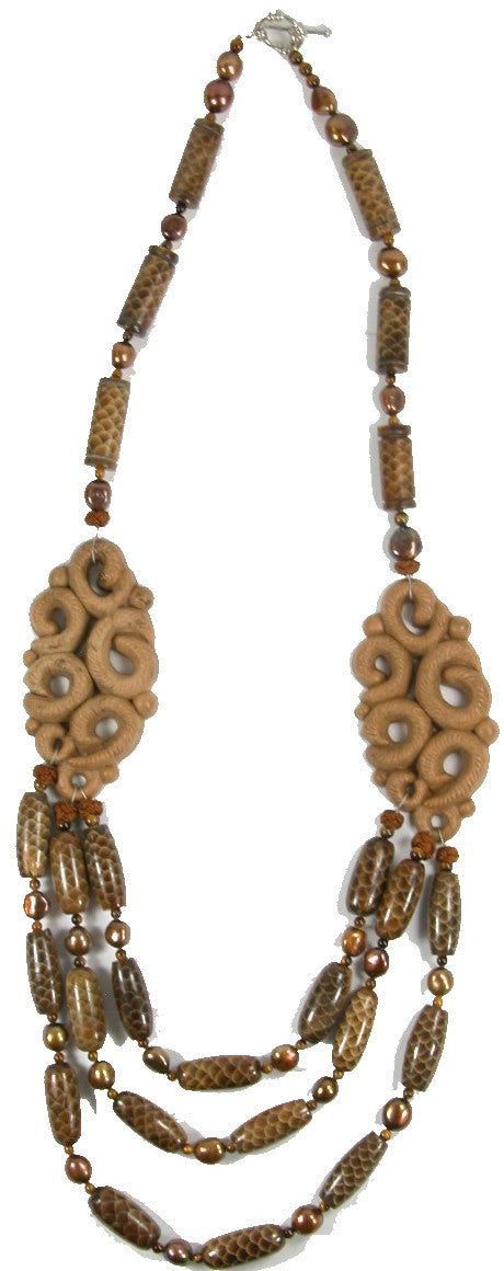 Wood Freshwater Pearl Tiger Eye Toggle Sterling Necklace