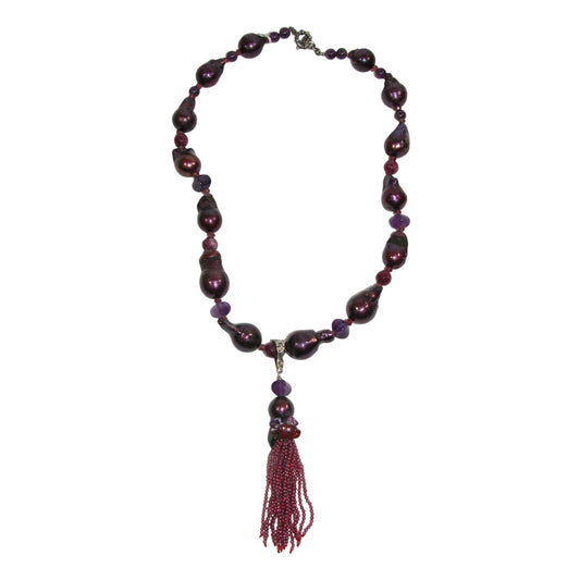 Purple Freshwater Pearl Beaded Sterling Silver Necklace