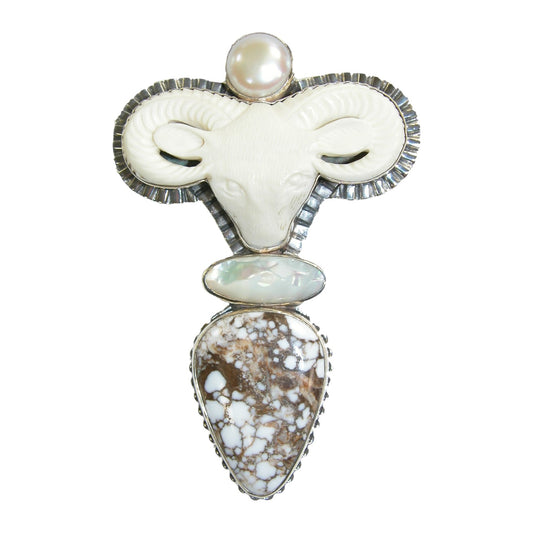 18365 Carved Bone, Freshwater Pearl, Mother of Pearl, Jasper Sterling Silver Pin and Pendant