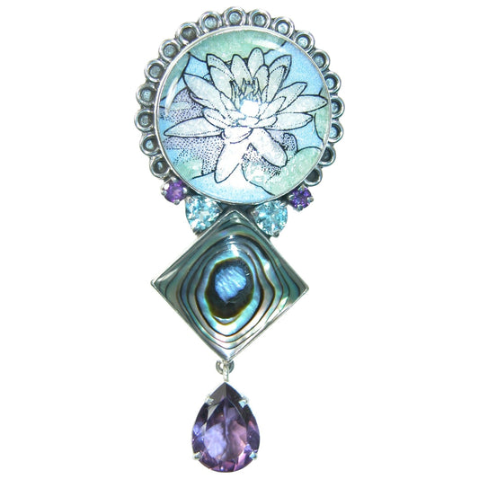 18386 Abalone, Mosaic Amethyst, Blue Topaz Sterling Silver Pin and Pendant
