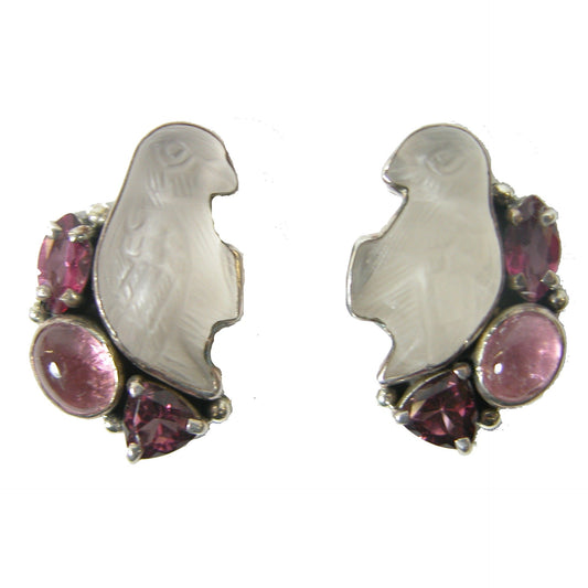 Pink Tourmaline, Rose Quartz Carved Bird Sterling Silver Earrings