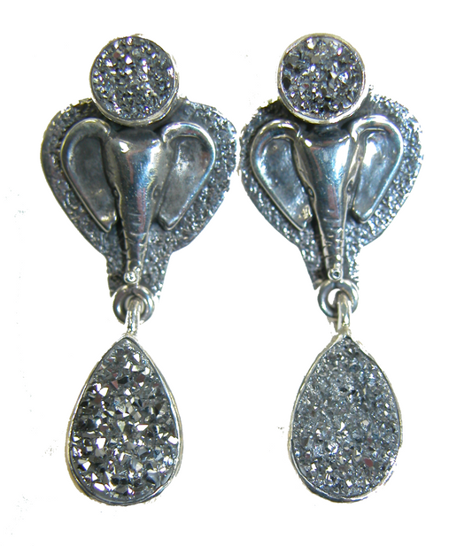 Elephant and Drusy on Sterling Silver Dangle Earrings