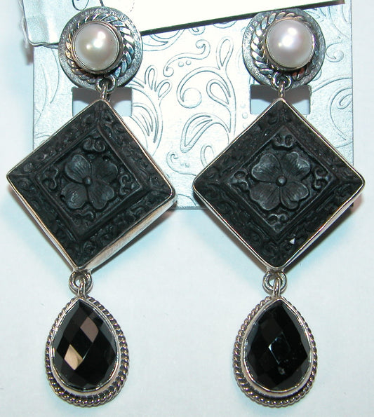 18524 Fresh Water Pearl with Carved Cinnabar and Black Onyx Dangle Sterling Silver Earring