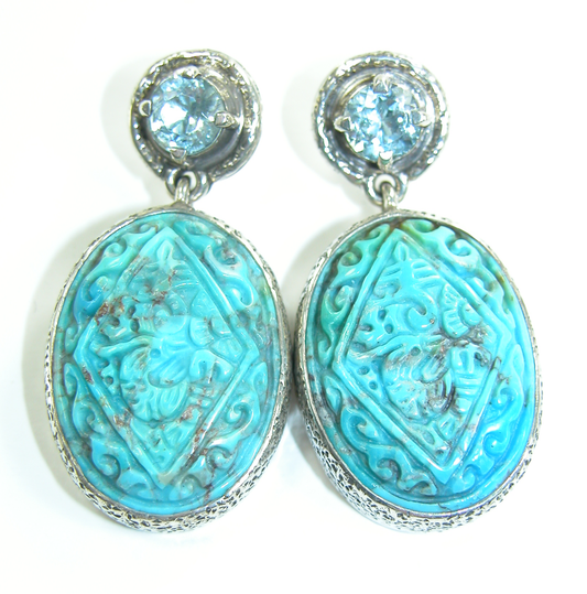 18525A Blue Topaz and Hand Carve Turquoise Sterling Silver Earrings