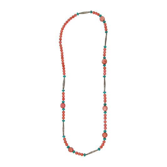 Coral, Turquoise Beaded Sterling Silver Necklace