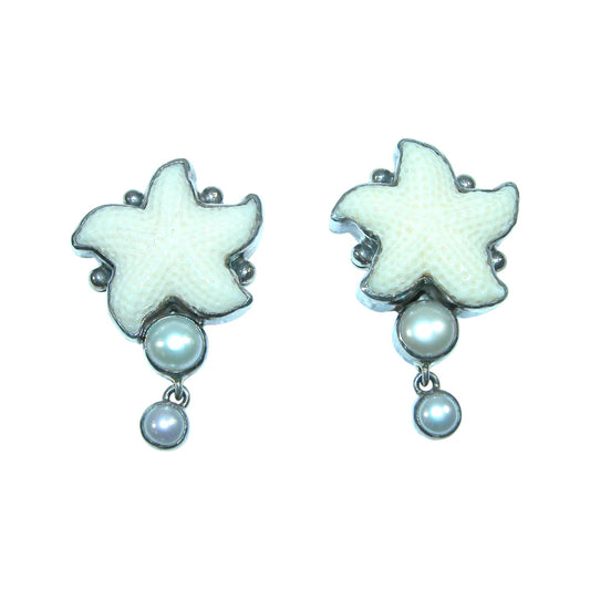 18677 Carved Starfish Freshwater Pearl Sterling Silver Earrings