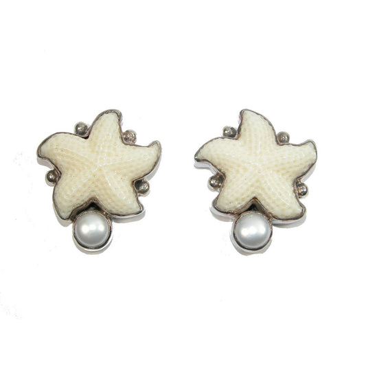 18678 Carved Starfish Freshwater Pearl Sterling Silver Earrings