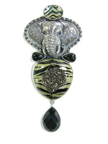 18695 Enamel Window Druzy Elephant Sterling Silver Pin Pendant