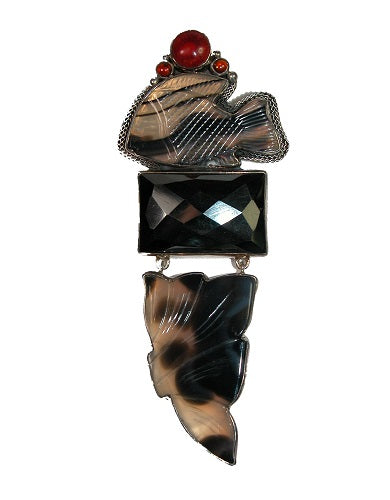 18731 Carved Agate Fish Sea Bamboo Coral Garnet Hematite Sterling Silver