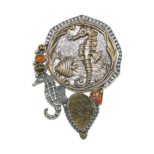 18738 Carved Agate, Pyrite, Amber, Ammolite Seahorse Sterling Silver Pin and Pendant
